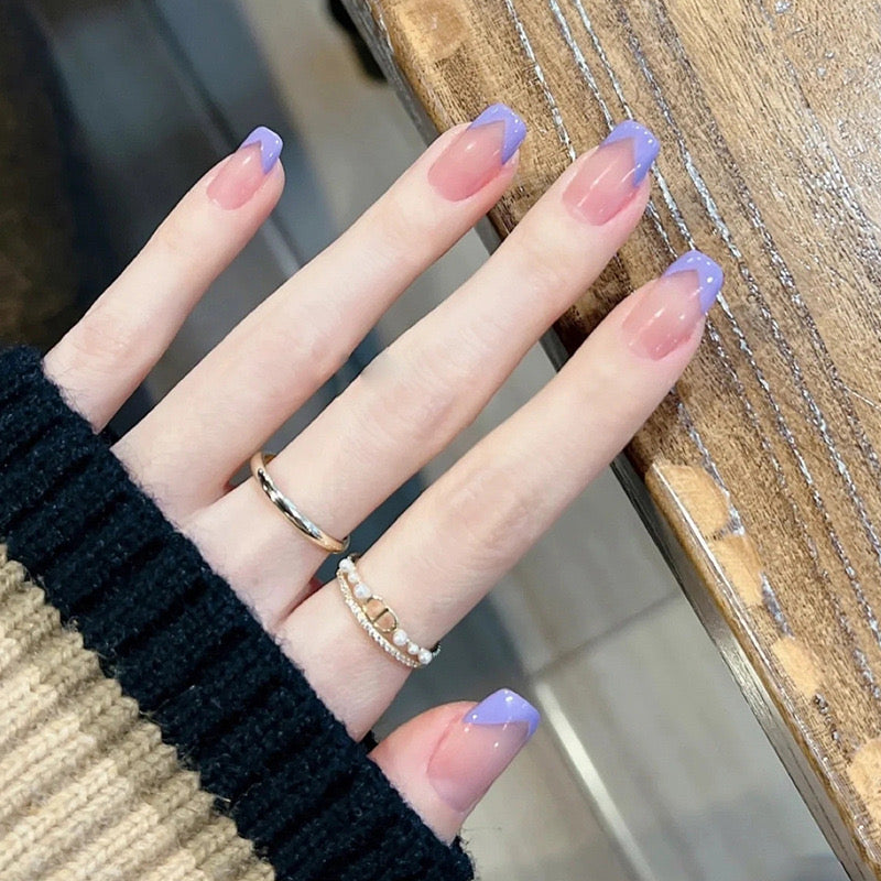 Elegant Lavender Ombre Short Square Press On Nails with Gemstone Accents