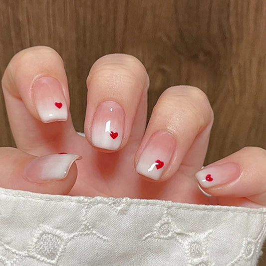 Romantic Affair Short Square Shape Pink and White Press On Nails with Red Heart Accents
