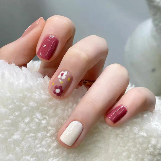 Blossom Beauty Short Round Press On Nail Set in Maroon and Cream with Floral Accents