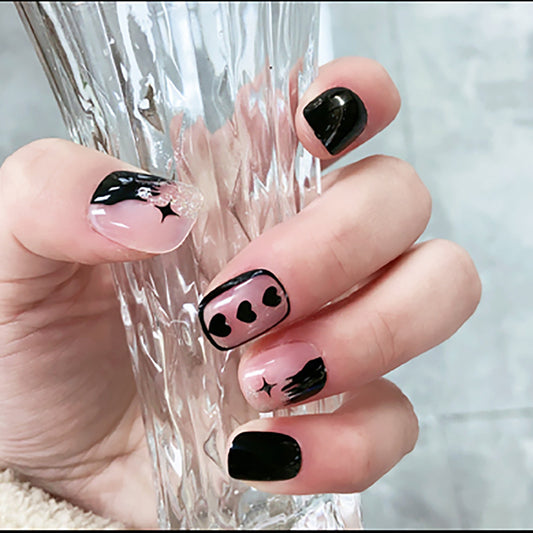 Enchanted Evening Short Round Black Pink Abstract Cat Design Press On Nail Set