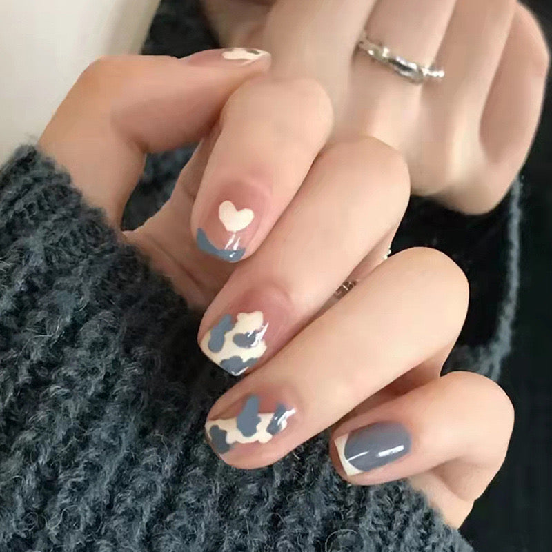 Enchanted Clouds Short Round Gray Press On Nail Set with White Heart Accents