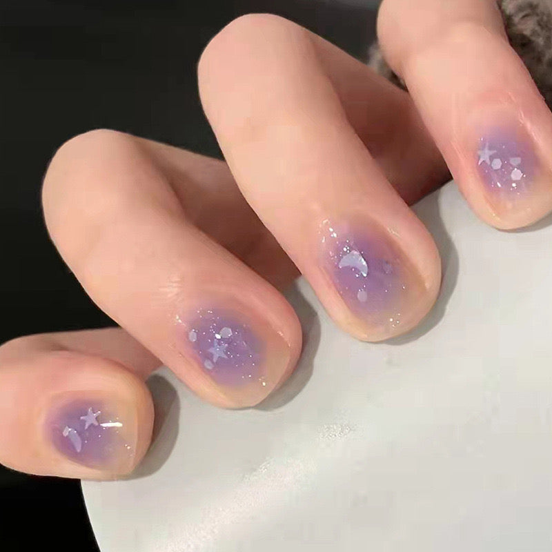 Starry Lavender Night Short Length Oval Press On Nails Set with Glitter Accents