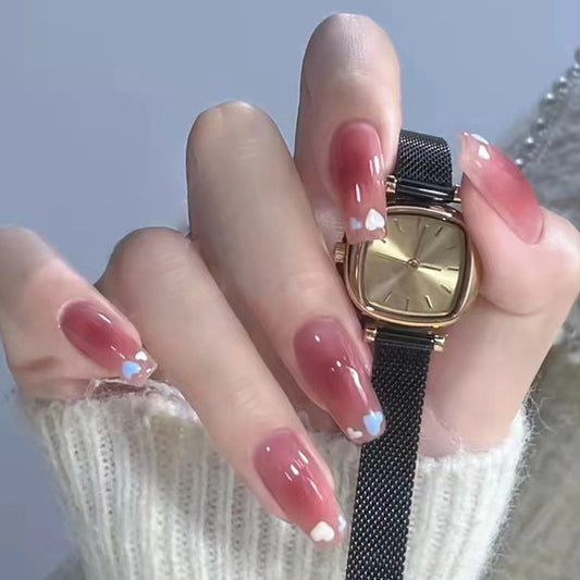 Elegant Affair Medium Coffin Burgundy Press On Nails with Sparkling Heart Accents