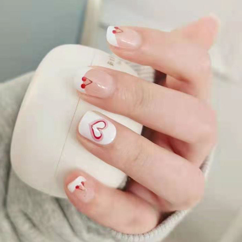Valentine's Day Inspired Short Round White Press On Nail Set with Red Heart Accents
