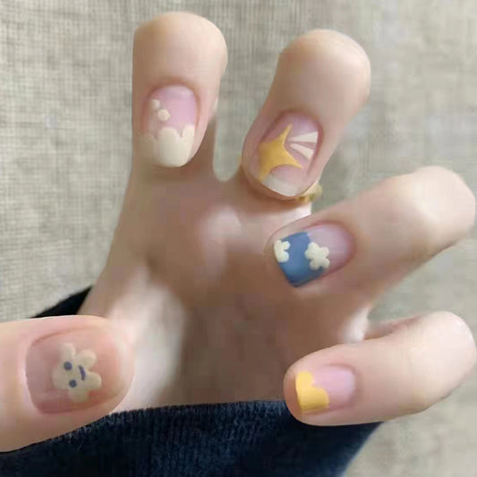 Whimsical Sky Short Oval Multicolor Press On Nail Set with Cloud Art Accents