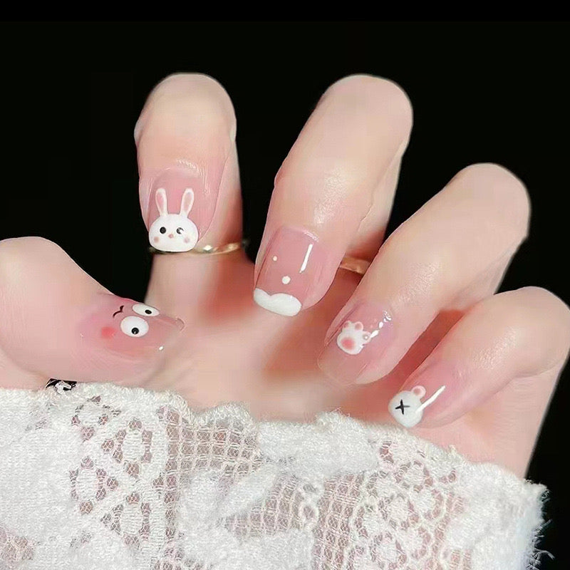 Whimsical Bunny Fantasy Short Square Pink Cartoon Animal Press On Nail Set with Sheer Finish