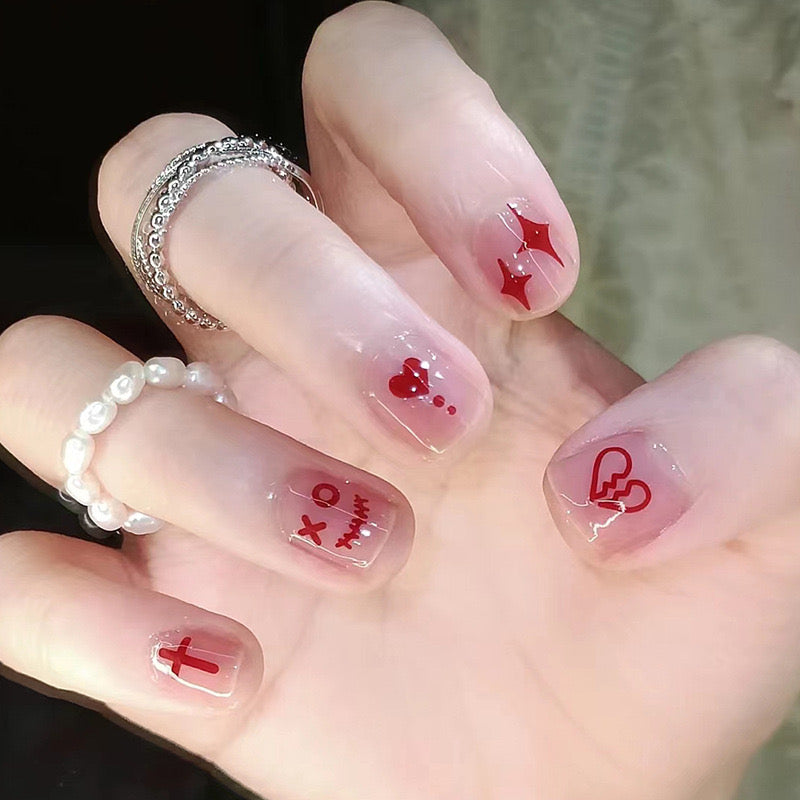 Romantic Elegance Short Round Clear Press On Nails with Red Love Symbols and Glitter Accents