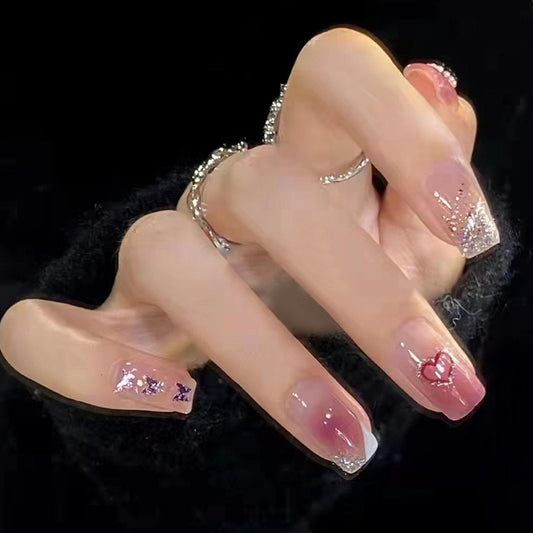 Elegant Romance Medium Square Beige Press On Nails with Glitter Accents and Heart Design