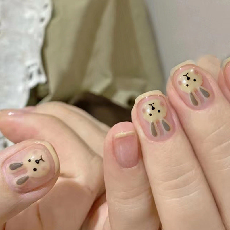Whimsical Bear-Themed Short Round Beige Press On Nail Set with Cute Animal Face Design