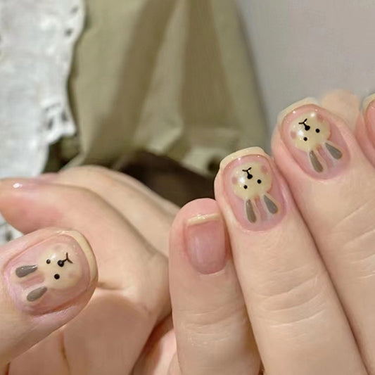 Whimsical Bear-Themed Short Round Beige Press On Nail Set with Cute Animal Face Design