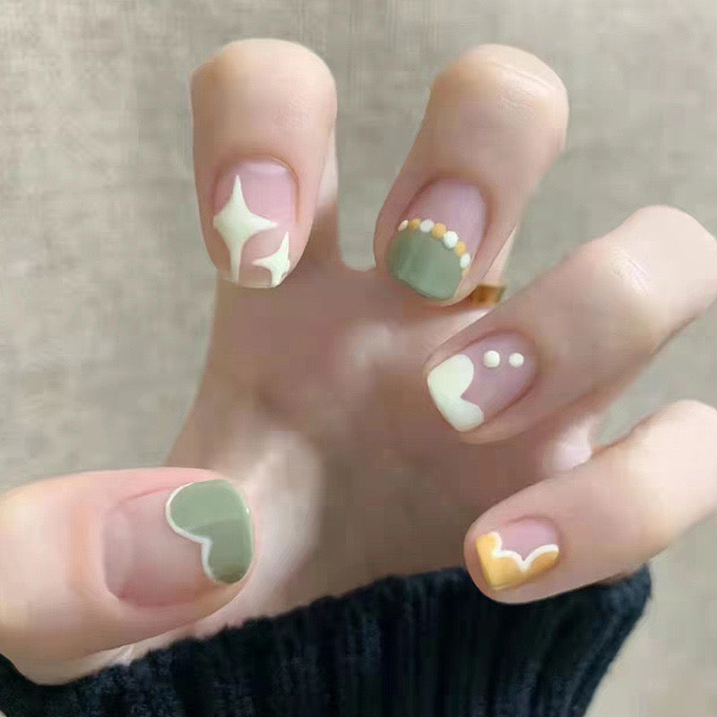 Whimsical Pastel Short Round Press On Nail Set with Bejeweled Accents and Matte Finish