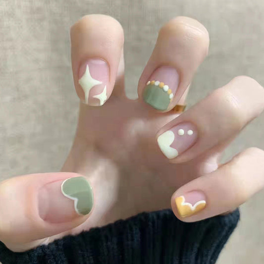 Whimsical Pastel Short Round Press On Nail Set with Bejeweled Accents and Matte Finish