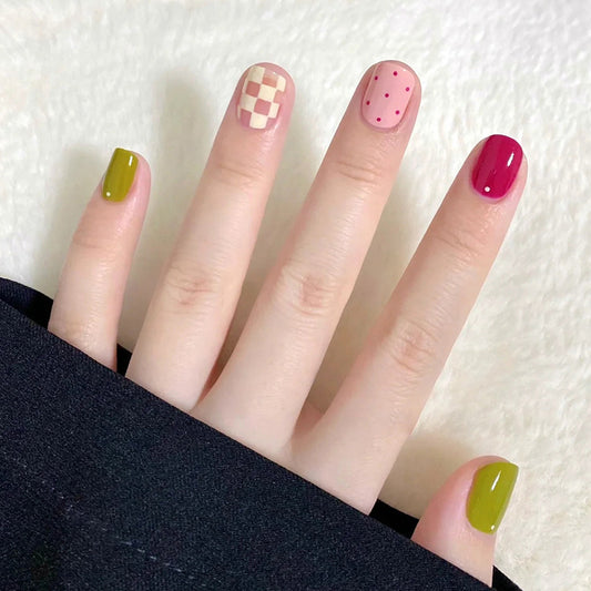 Candy Crush Collection Short Round Press On Nails with Pink Plaid and Polka Dot Accents Green and Magenta Solid Colors