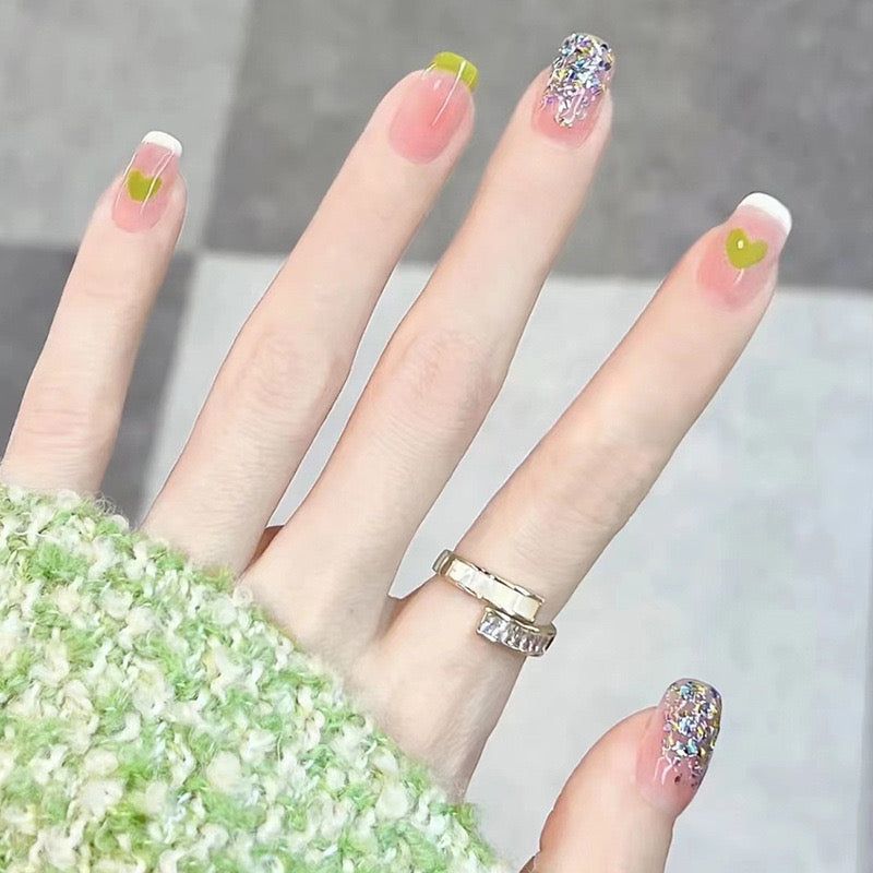 Spring Blossom Short Round Pastel Pink Press On Nail Set with Accent Glitter Feature