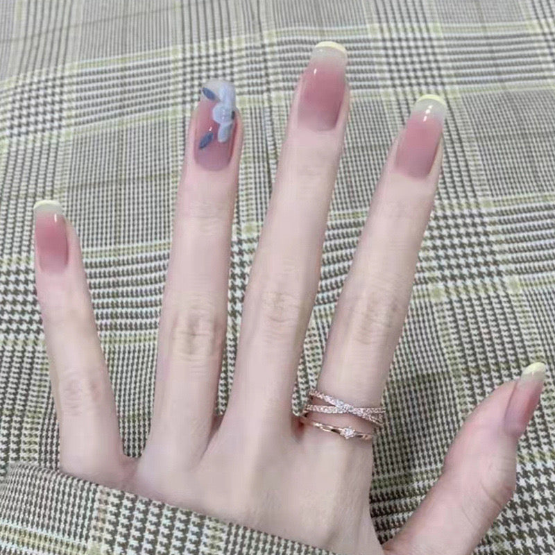 Elegant Evening Medium Length Round Pink Press On Nail Set with Accent Butterfly Nail Design