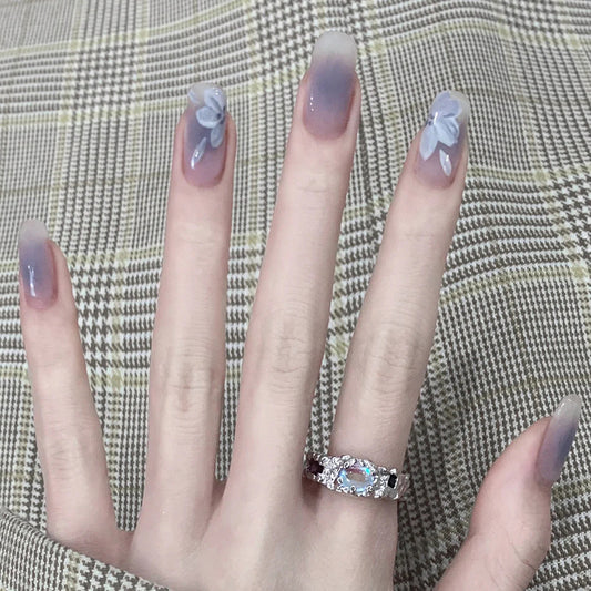 Elegant Lavender Ombre Medium Square Press-on Nail Set with Floral 3D Embellishments