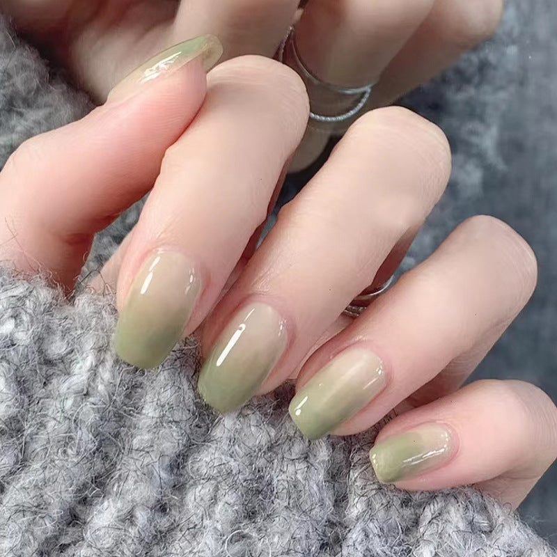 Mystical Ombre Magic Medium Round Olive Green Press On Nail Set with Reflective Shine Finish