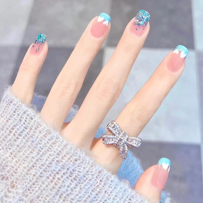 Enchanted Ocean Short Round Glittery Blue and Pink Ombre Press-On Nail Set with Sparkling Accents