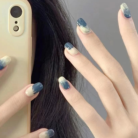 Celestial Skies Short Round Blue Ombre Press On Nail Set with Cloud Art Design