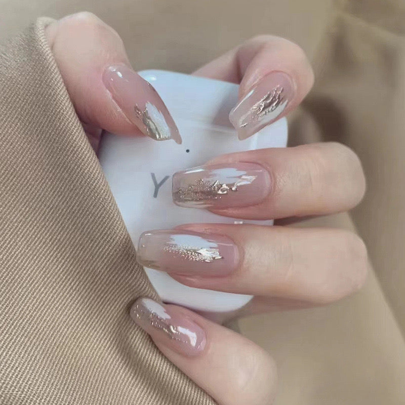 Elegant Chic Long Coffin Beige Press On Nails with Gold Foil Accents