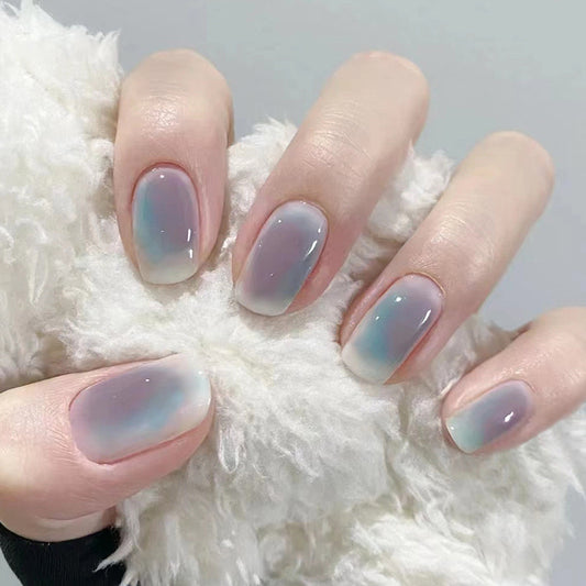 Ethereal Glow Medium Length Oval Grey Holographic Press On Nail Set