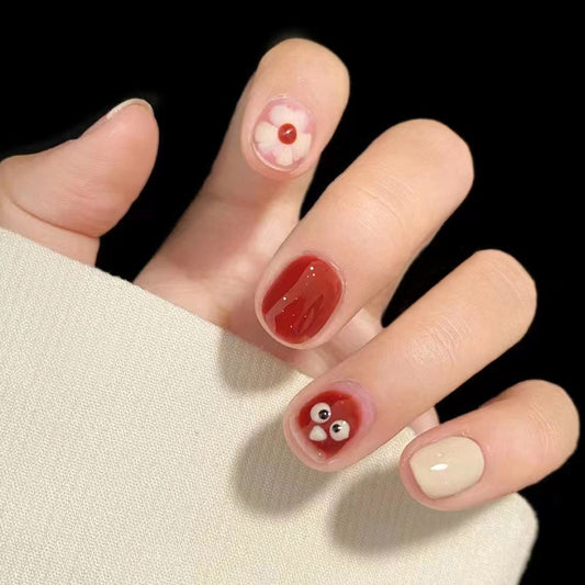 Enchanted Autumn Short Round Press On Nail Set in Maroon and Beige with Decorative Accents