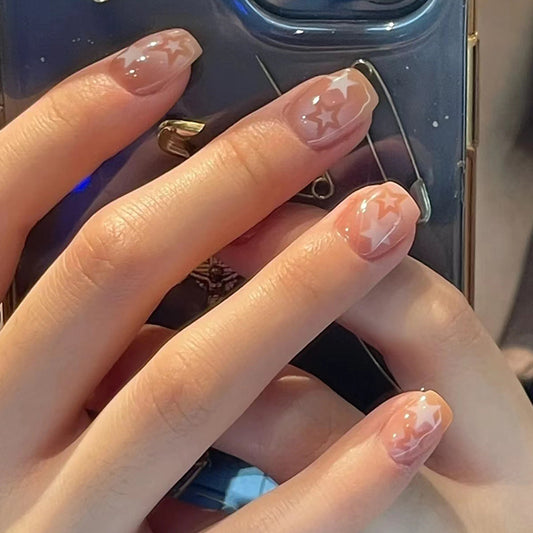 Celestial Dream Press-On Nail Set Short Square Beige with Star Designs
