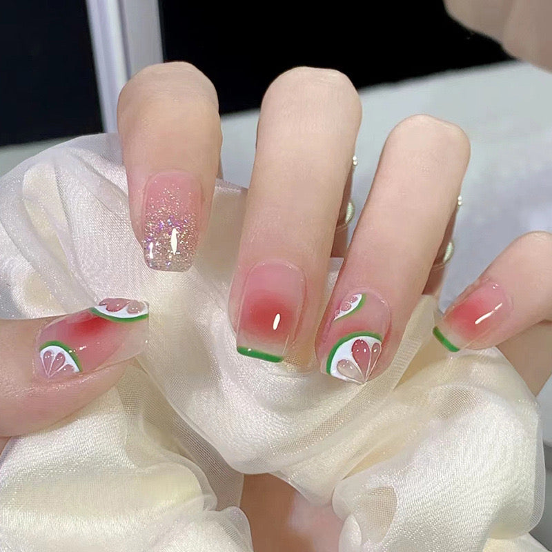 Summer Citrus Charm Short Square Ombre Pink Press On Nails with Glitter Accents and Watermelon Art