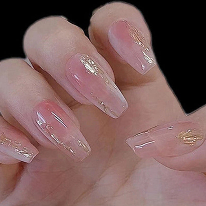 Elegant Romance Long Coffin Pink Glitter Accent Press On Nail Set