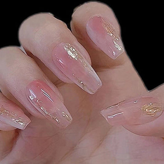 Elegant Romance Long Coffin Pink Glitter Accent Press On Nail Set
