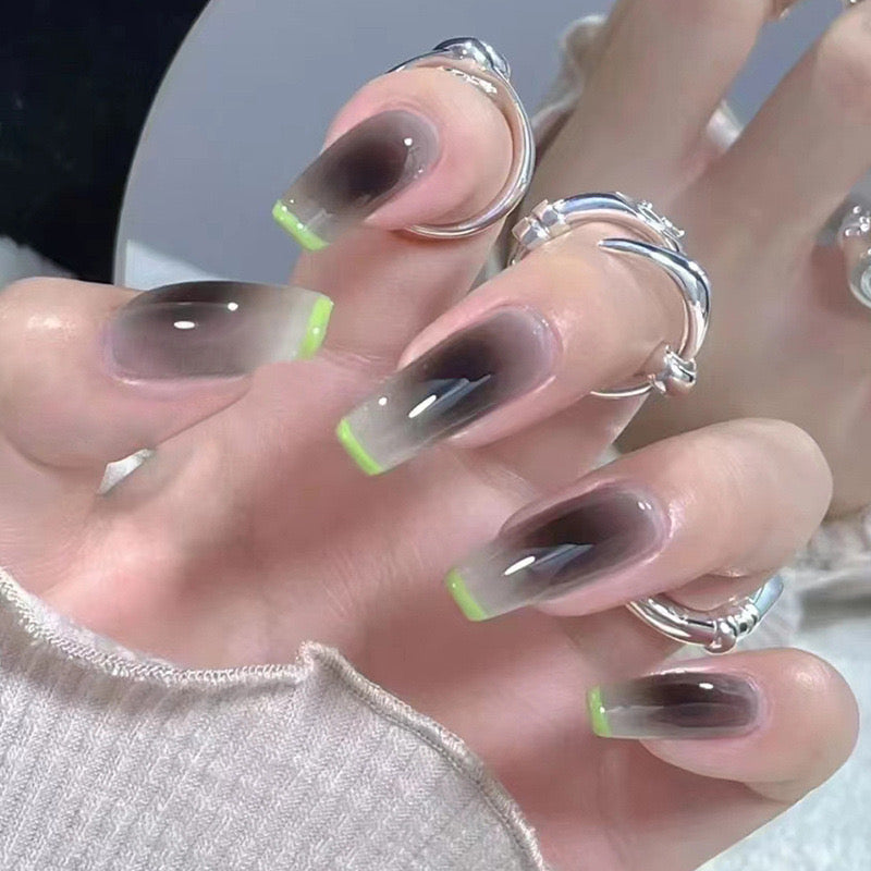 Neo-Futuristic Long Coffin Smoky Gray Press On Nails with Luminous Tips