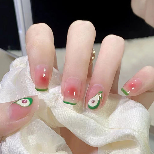 Enchanted Garden Short Length Square Shape Pink and Green Ombre Press On Nail Set with Delicate Floral Accent