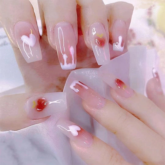 Enchanted Elegance Long Coffin Pale Pink Press On Nail Set with 3D Heart Embellishments