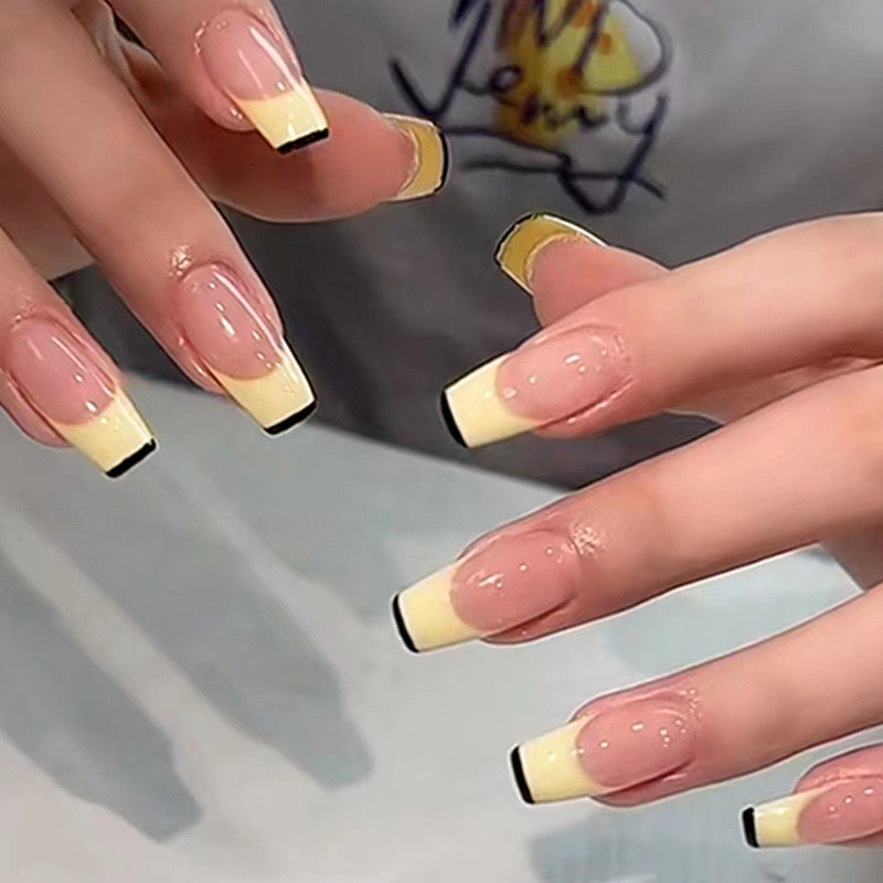 Elegant French Affair Medium Coffin Beige and Black Tip Press On Nails with Rhinestone Accents