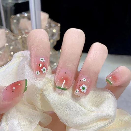 Spring Blossom Short Square Pink Press On Nail Set with Floral Accents and Glitter Highlights