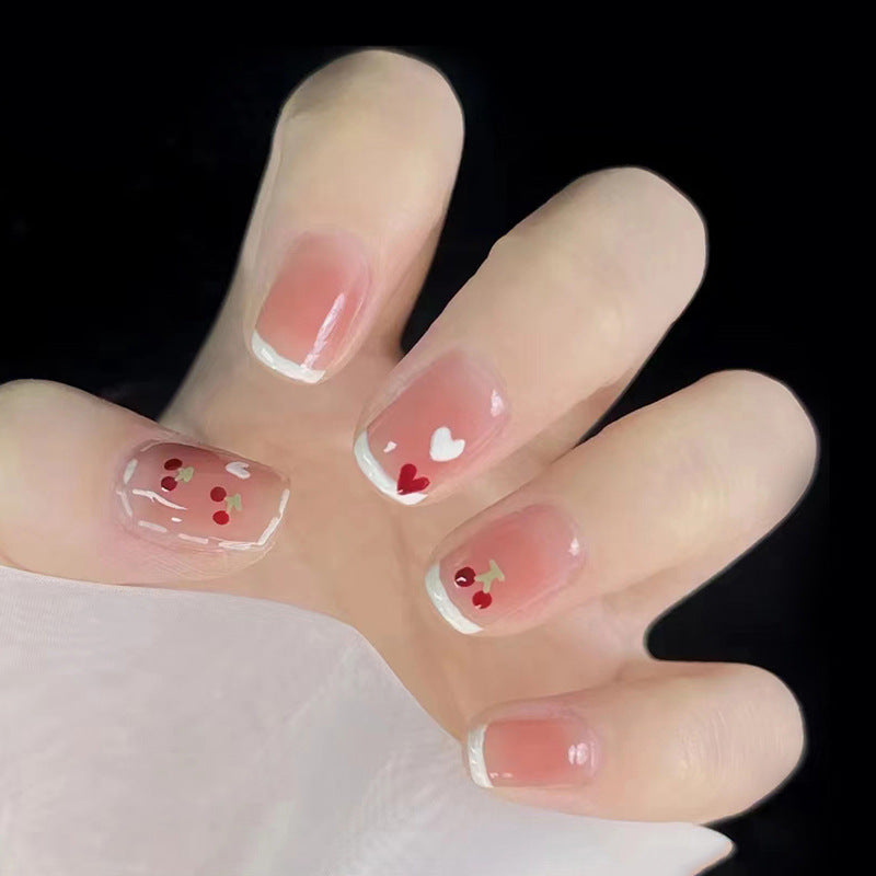 Valentine's Day Romance Short Round Pink Press On Nail Set with Heart Designs