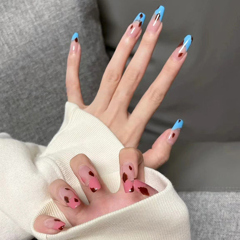 Romantic Blossom Theme Medium Coffin Shape Press On Nail Set in Pink and Blue with Abstract Heart Accents