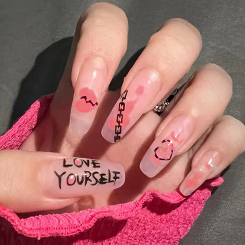 Empowerment Theme Long Coffin Clear Press On Nail Set with Pink Accents and Inspirational Messages