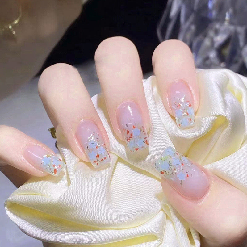 Enchanted Frost Medium-Length Coffin-Shaped Pastel Pink Press On Nails with Holographic Confetti Flake Accent