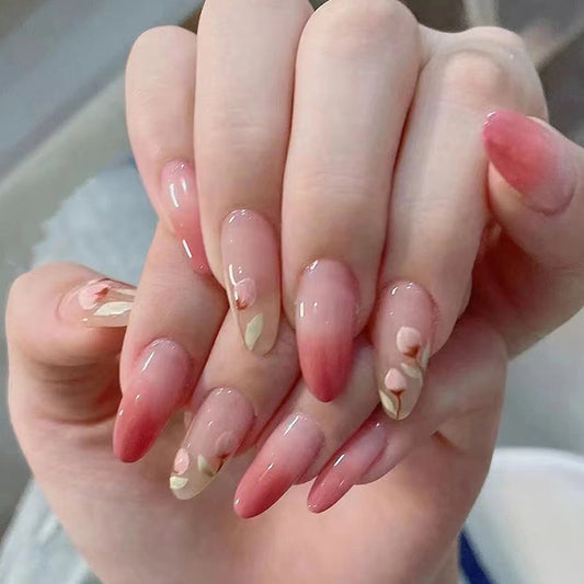 Elegant Floral Blossom Medium Almond Pink Press On Nails with Unique Petal Accents