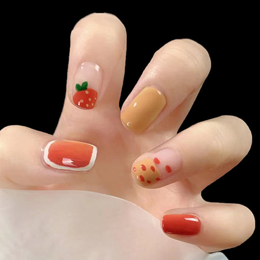 Summer Fruit Fiesta Short Round Press On Nails Set in Red, Beige with Strawberry Accent Design
