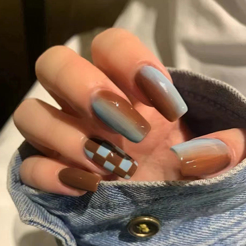 Autumn Elegance Long Coffin Multicolor Ombre Press On Nail Set with Plaid Accent Design