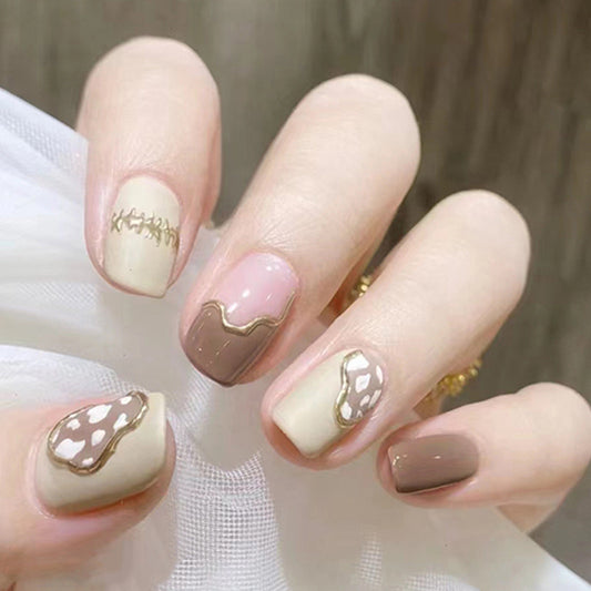 Elegant Cafe Latte Collection Short Oval Beige and Brown Press on Nails with Embossed Gold Accent Design