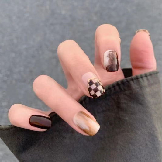 Autumn Elegance Short Length Oval Press On Nail Set, Marble and Checkered Pattern, Brown and Beige Tones with Glossy Finish