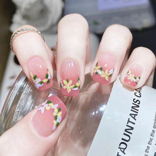 Spring Blossom Medium Square Pink Floral Press On Nail Set with Hand-Painted Accents