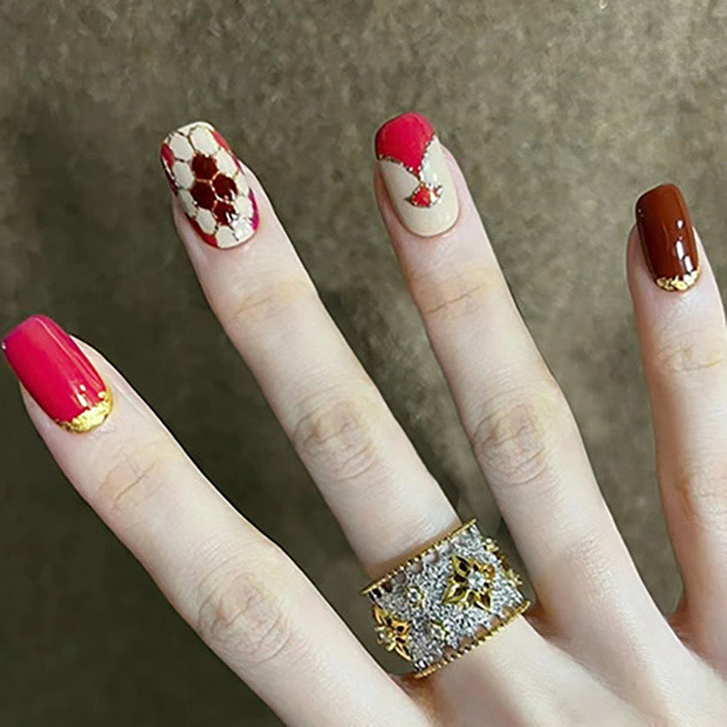 Elegant Affair Medium Square Multicolor Press On Nail Set with Rhinestone Accents and Gold Flake Detail