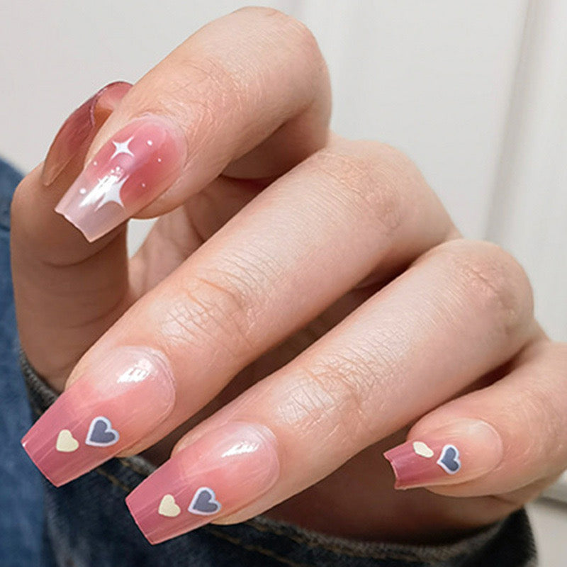 Enchanted Romance Medium Coffin Pink Ombr‚Äö√¢√†≈í¬© Press On Nails with Heart Accents