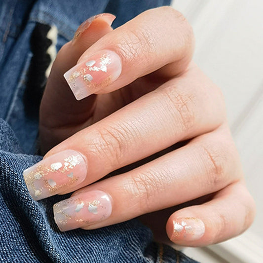 Elegant Floral Fantasy Medium Square Pink Glittered Press On Nail Set with 3D Petal Accents