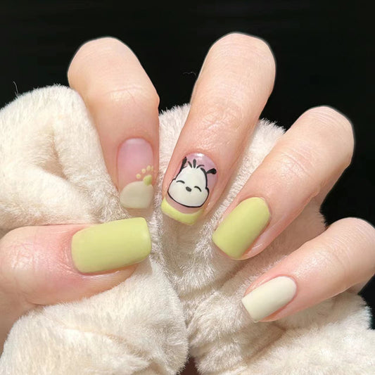Whimsical Cat-Themed Medium Square Pastel Yellow Press On Nails with Adorable Paw Print Accents