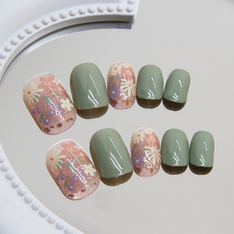 Spring Blossom Collection Long Squoval Sage Green Floral Glitter Press On Nail Set